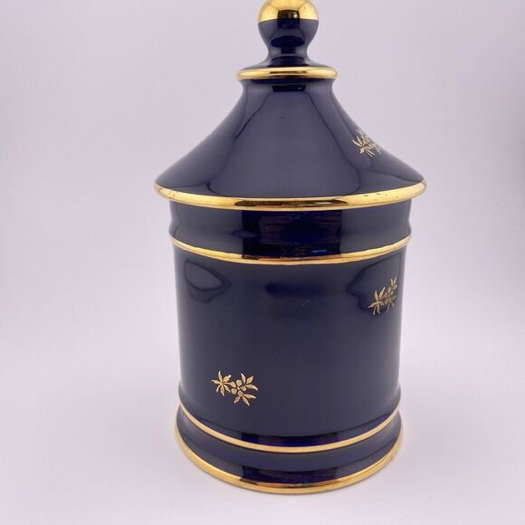 Limoges France Porcelain Trinket Jar Blue Gold Trim w/ Lid - Picture 4 of 7